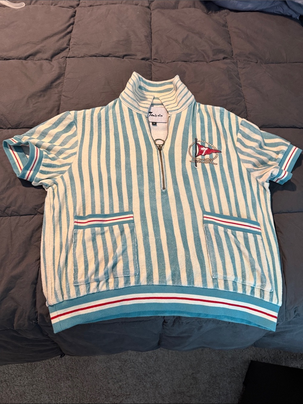 Striped Teal and White Short-Sleeve Zip Polo Shirt